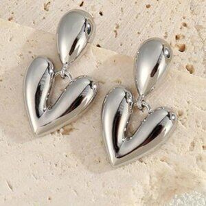 💖 Silver Heart Dangle Earrings | Modern Statement Jewelry | Gift of Love & Luck